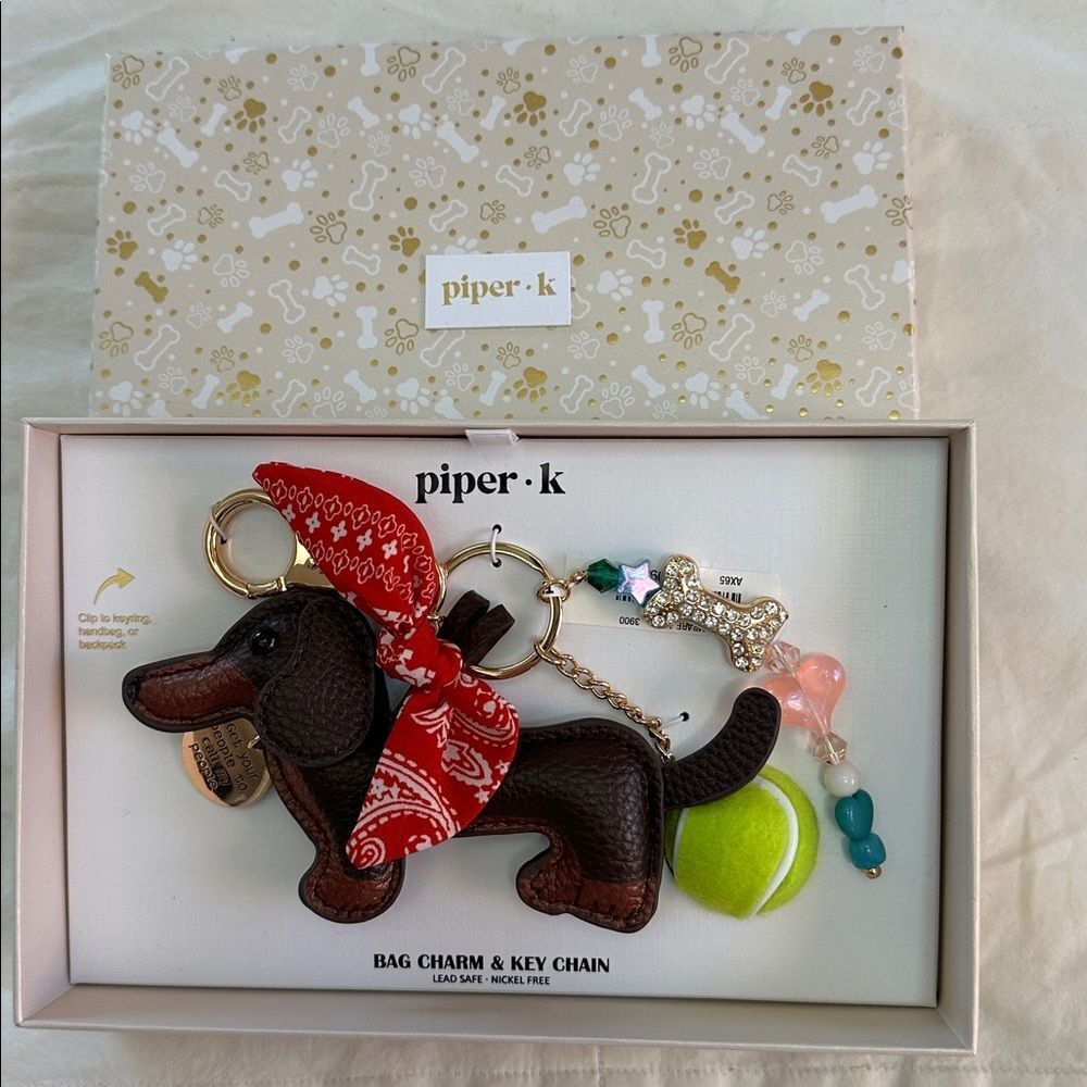 Piper K Viral Dachshund Dog w/ Bandana & Tennis Ball Keychain Bag Charm